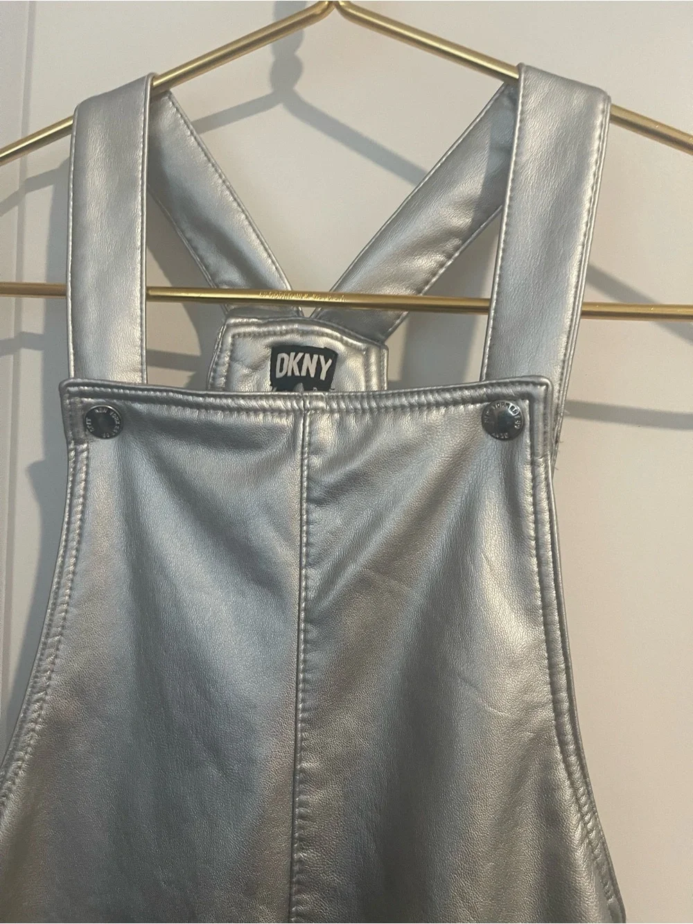 DKNY Girls' 10 Metallic Silver Faux-Leather Pinafore Dress 2 Front Pockets